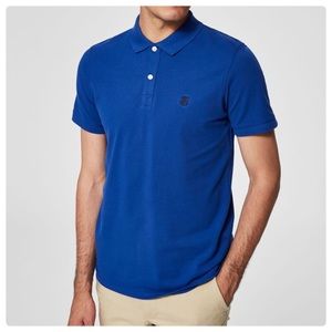 Selected Homme Short Sleeve Oxford Embroidered Polo Shirt in Royal Blue Size L